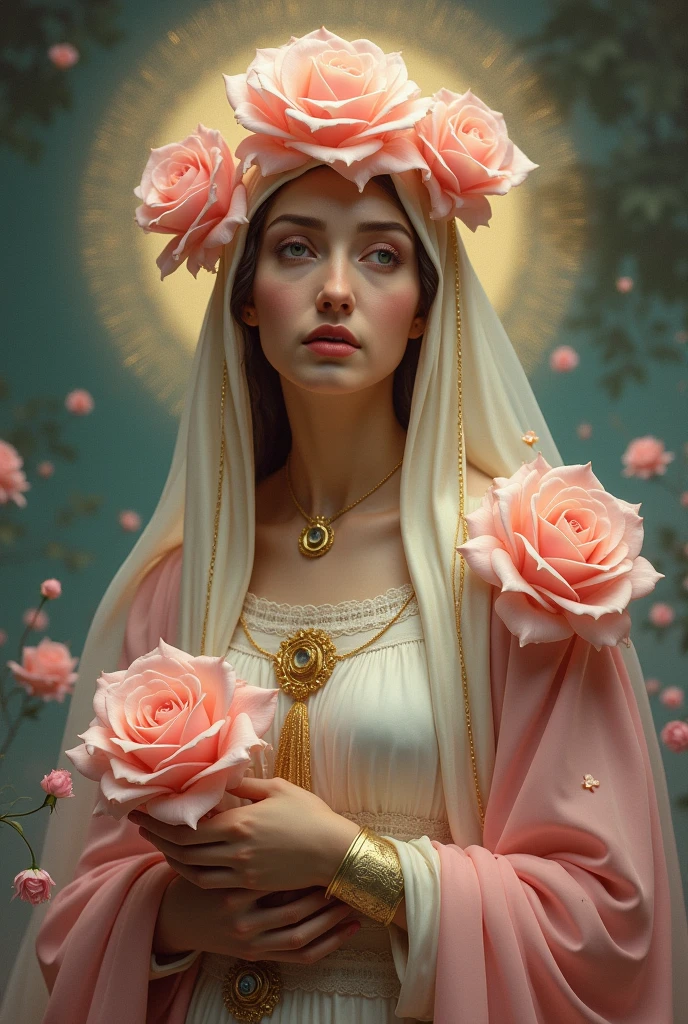 (Cinematic photo of a beautiful and (((VIRGIN MARY MISTYCAL ROSE. . Art by: JOAQUIN SOROLLA, THE GRECO, WILLIAM ADOLPHE BOUGUEREAU))) in full Colors. full body. Hello poster, Noah Bradley, Luis Royo, Tuomas Korpi, Neil Blevins, screen print, pastel colors, cinematic, elegant, intricate, 8k, trending on artstation, concept art, sharp focus, illustration, hyper), (Beautifully Color Graded), Unparalleled Quality,, Hard Surface Modeling), American Tonalist, Expression of Determination, (Iridescent), CANON-Eos-C300-ƒ4-15mm, Colorful, Surrealist Surprise), Infrared Unseen, (Impressionist Oil Art), Victorian Elegance, Elegant Perfectionism), Beautiful, (Moonlit Shadows) Post-processing, Photographed by a Nikon Z7 II Camera
