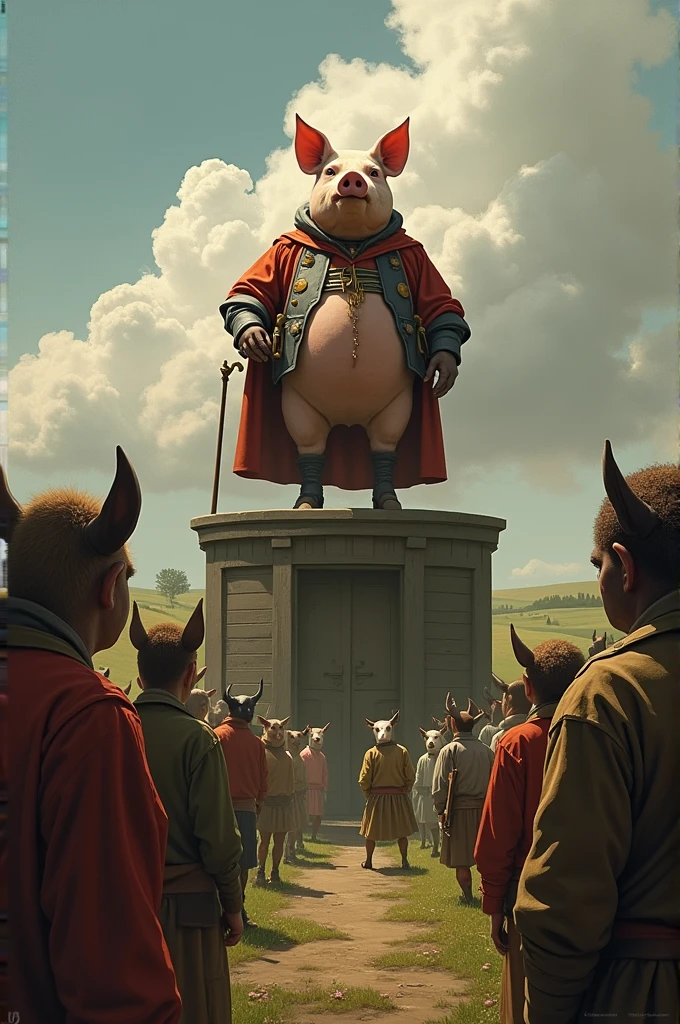 Animal Farm:
Image: Napoleon the pig speaking from a platform, while the animals, confused and resigned, They forget the ideals of the rebellion. Text: "Napoleon justifies his dictatorship to 'protect' the farm, y los animales They forget the ideals of the rebellion."