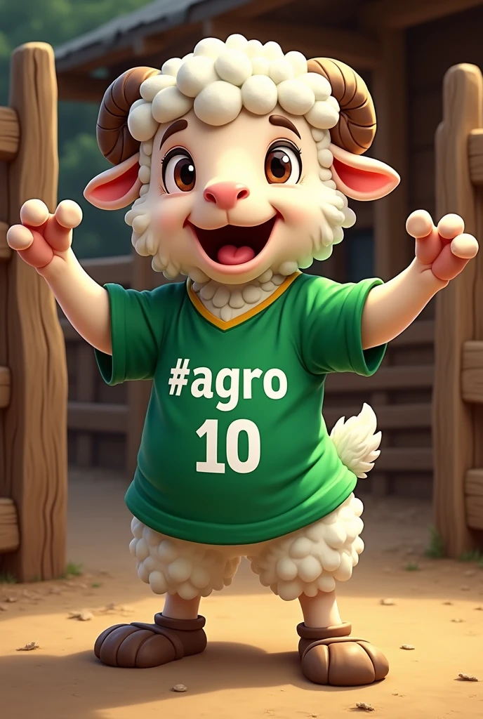 A sports mascot of a sheep wearing a green shirt that says "#AGRO 10" with corral background
