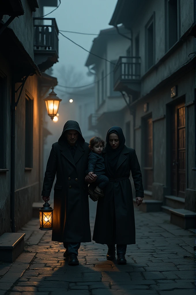 Jewish family being smuggled into safe house by neighbour in Warsaw, with expressions of fear and gratitude.