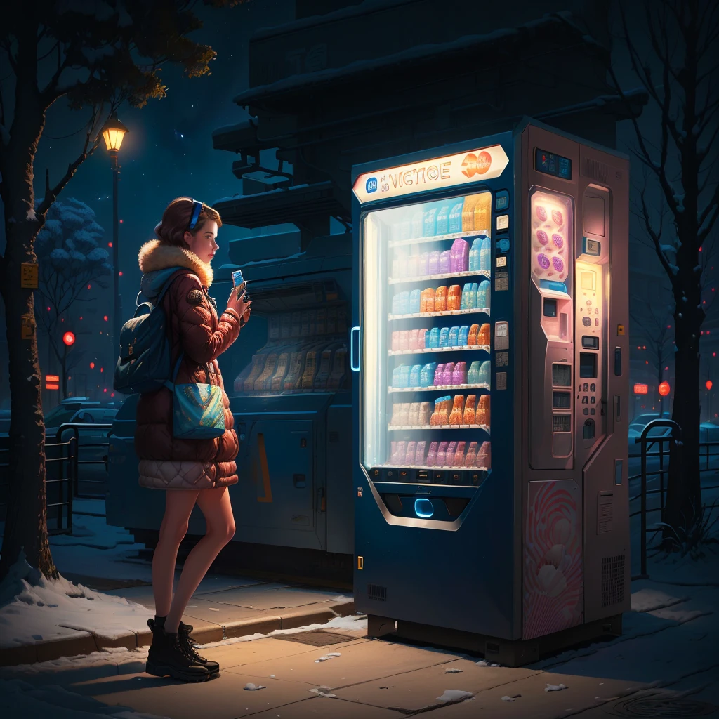 araffe vending machine on sidewalk with woman standing next to it, vending machine, vending machines, sci-fi vending machine, inspired by Chris LaBrooy, by Chris LaBrooy, commercial illustration, cinematic flavor, in a candy forest! at night, at twilight, advertising photo