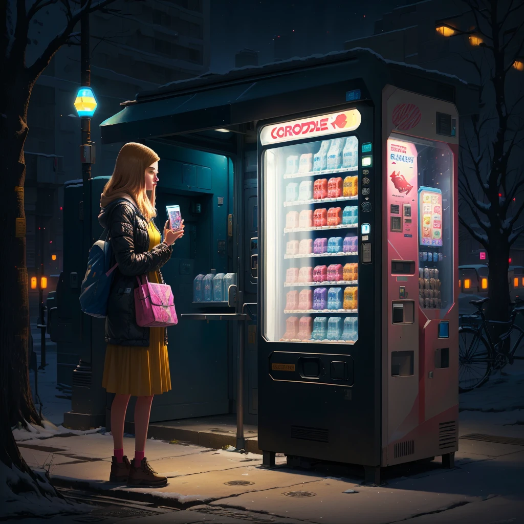 araffe vending machine on sidewalk with woman standing next to it, vending machine, vending machines, sci-fi vending machine, inspired by Chris LaBrooy, by Chris LaBrooy, commercial illustration, cinematic flavor, in a candy forest! at night, at twilight, advertising photo