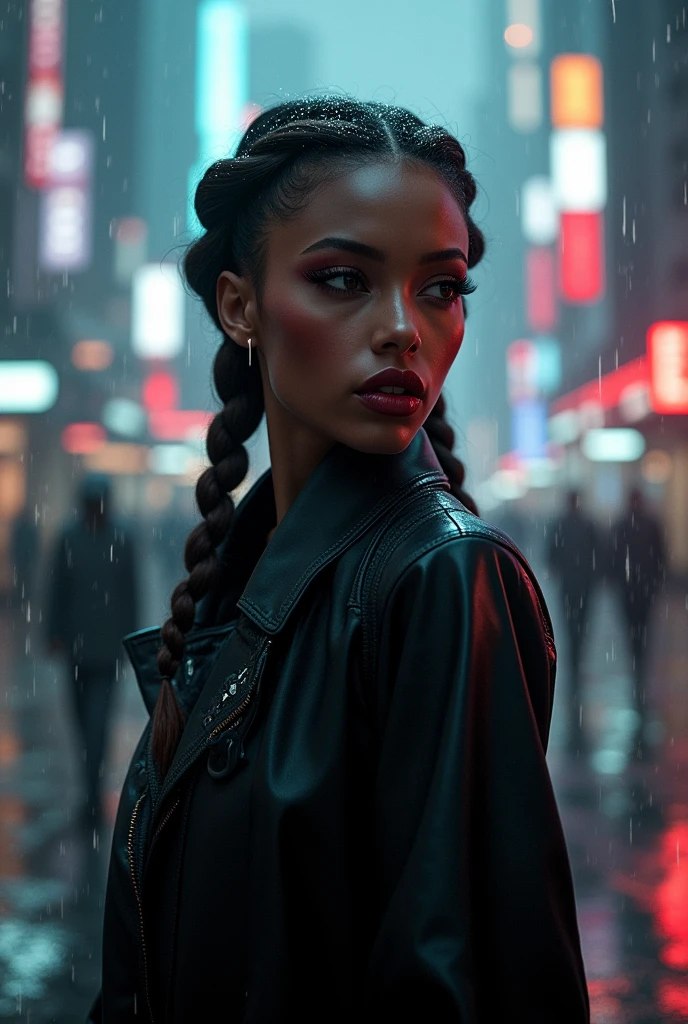 a black woman with cool-toned skin, braided brown hair, Oval face, almond-shaped eyes in a wine tone, fleshy mouth painted blood red, dressed in a black coat on a rainy futuristic street