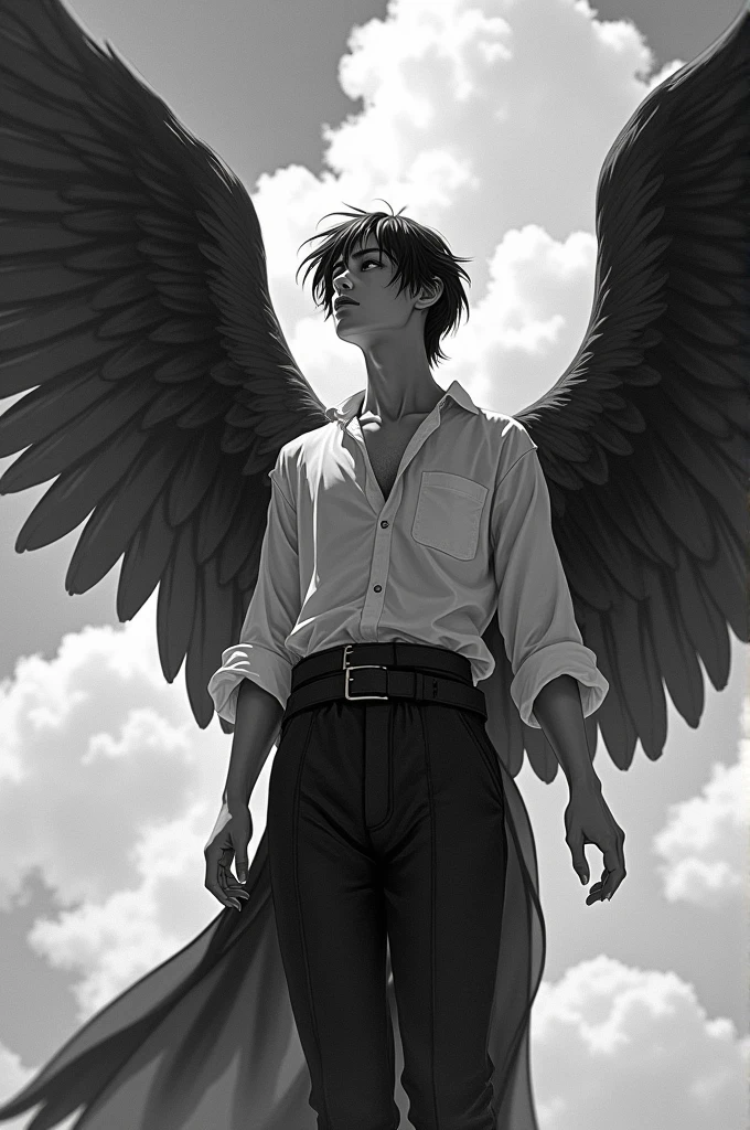 illustration style of lucifer from the bible, soft lighting, (dramatic angle:1.25), (standing alone:1.4), (1 men), ((Bblack hair), short and straight hair), black eyes, sky, (Off-the-shoulder shirt), (staring overhead:1.3), fantastic black and white, sky azul com nuvens, (work of art:1.2), ultra detali, (best qualityer), black and white illustration, (caindo do sky)