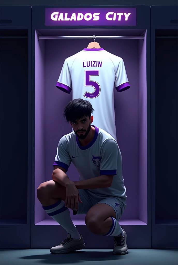 football locker room with a football player's cabin in this cabin there will be a white shirt with purple details (minimalists) on the collar and at the tip of the sleeve the shirt must be showing the back with the name LUIZIN highlighted and the shirt number must be number 5, the cabin at the top must contain the name of the club which is GALADOS CITY, all ambient light must be off, only the light of the sign with the name GALADOS CITY and a low light above the shirt indicating prominence must be on. (The image should be centered and not too far away) and the player with slightly dark skin, short black hair with a gradient and a beard showing that he cares about the current fashion style must be wearing pre-game clothes different from the shirt that is hanging in the locker room, the one he is wearing is gray with purple details on the sleeve and collar of the shirt and on the shorts, the player in the image must be on his knees looking at his shirt (indicating pre-game concentration)