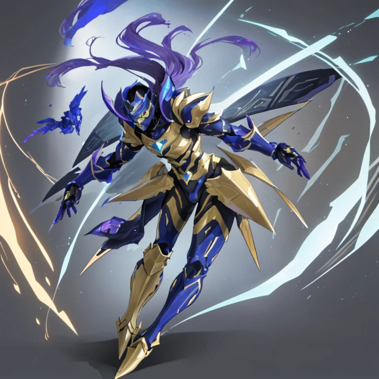 É um homem. The image presents a highly detailed and futuristic armor designed for a male warrior. The armor combines elements from different parts to create a cohesive and powerful look.
Helmet: The helmet features a sleek, aerodynamic design with a golden metallic finish. It has a central crest that rises upwards, and the visor glows with a bright blue light, giving it a high-tech, futuristic appearance.
Pauldrons (Shoulder Pads): The shoulder pads are large and wing-like, curving outward and upward, with a polished golden finish. These pads extend slightly beyond the shoulders and include a sleek, angular design, providing both a majestic and powerful look.
Chest Plate: The chest plate is intricately segmented, with a combination of gold and dark metallic blue. It has a gem-like crystal in the center that emits a soft, mystical glow. The design of the chest plate is both protective and regal, with sharp, angular lines that add to the overall futuristic aesthetic.
Arm Guards: The arm guards are sleek and streamlined, with articulated golden and purple segments that offer flexibility and protection. The design of the gauntlets is both robust and elegant, incorporating futuristic elements that blend with the classic style.
Leg Armor: The legs are armored with segmented plates that are primarily gold and purple. The boots are angular and sturdy, with a design that conveys both strength and agility. The overall look of the leg armor is grounded yet sleek, completing the ensemble with a powerful stance.
The background of the image is a dark cosmic scene, filled with distant stars and nebulae that highlight the polished surfaces of the armor. Dynamic lighting is used to emphasize the key features, particularly the glowing visor and central chest gem, reinforcing the mystical and imposing nature of the warrior.