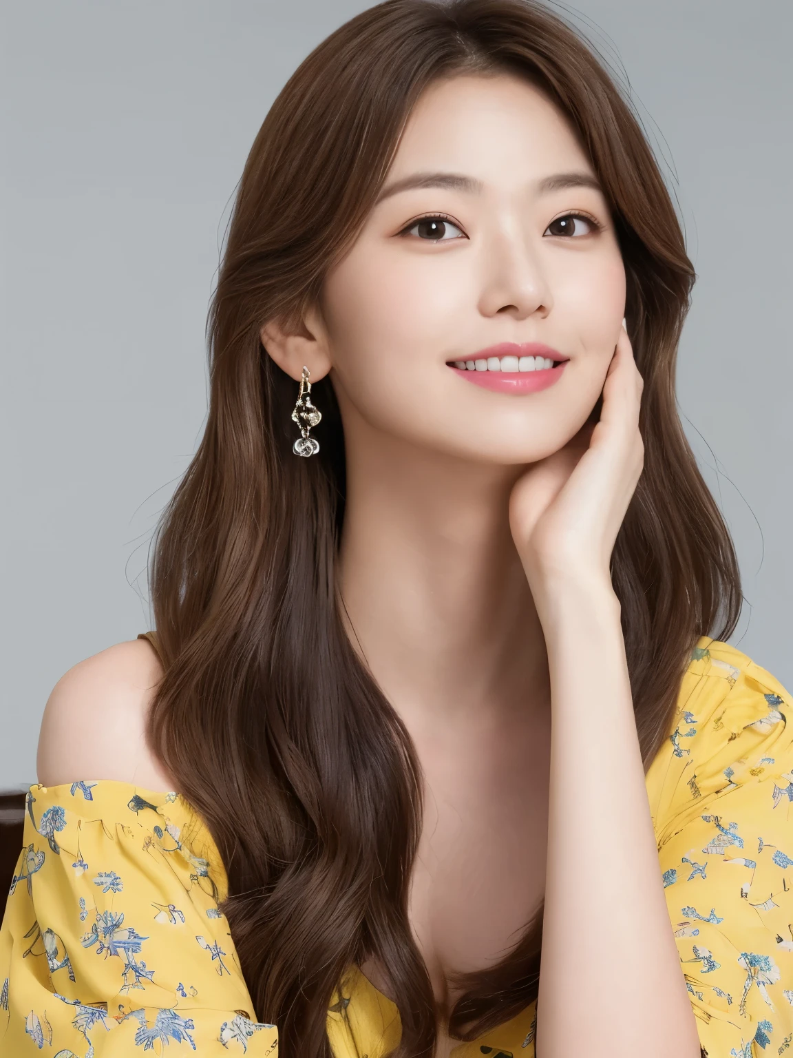 (highest quality、16K high resolution, Super detailed, masterpiece, Live shooting, realistic:1.5, hyper realism:1.5, sharp focus, very delicate and beautiful, small details, bust shot), 3 Japanese woman, 160cm tall, 50kg, bust 84cm, waist 59cm, hips 86cm, heart-shaped face with a pointed chin, shoulder-length layered brown hair styled with soft waves, groomed eyebrows, large expressive brown eyes, a straight nose, full smiling lips, wearing a yellow floral blouse, blue jeans, silver hoop earrings, a few faint freckles adding youthfulness, an overall warm and approachable demeanor, {{{{resembling actress Aya Omasa}}}}, random body orientation,