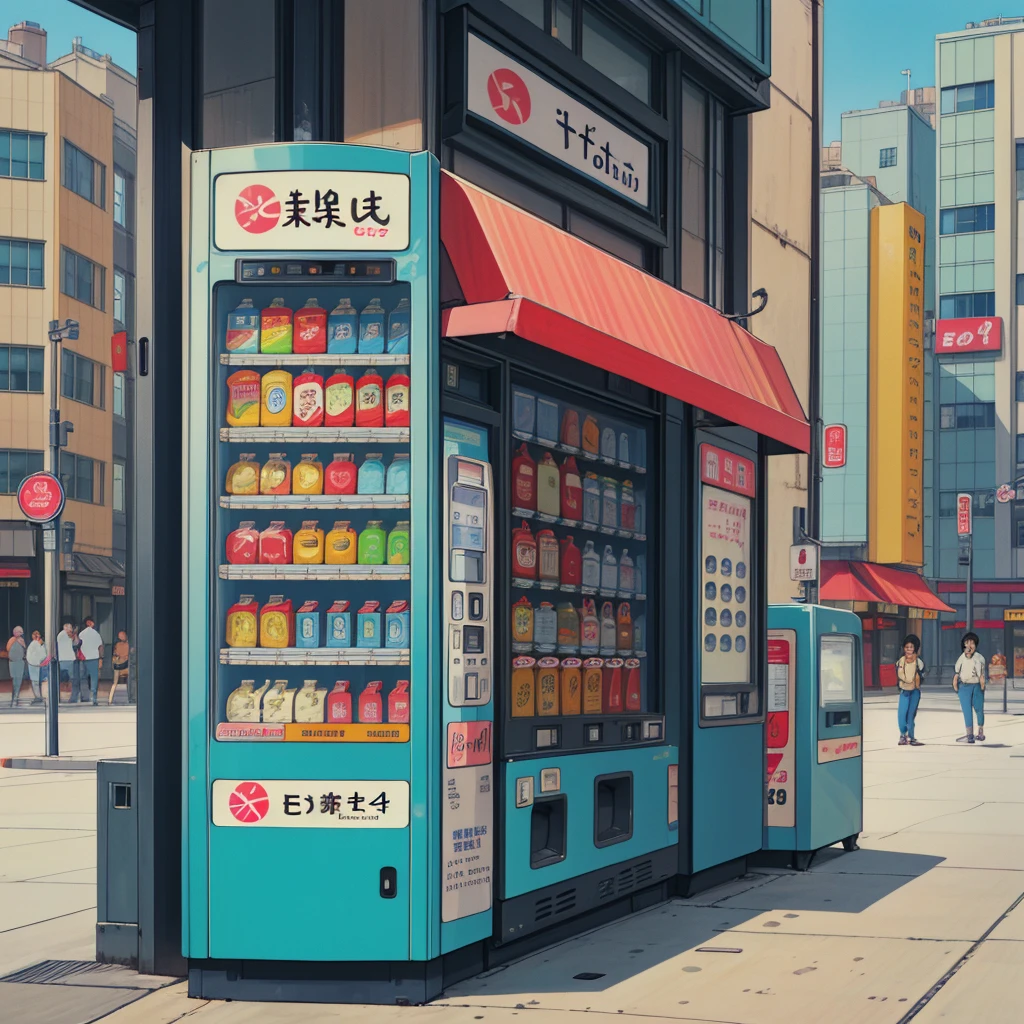 Alley, one japanase DRINK VENDING MACHINE in center, city, retro style