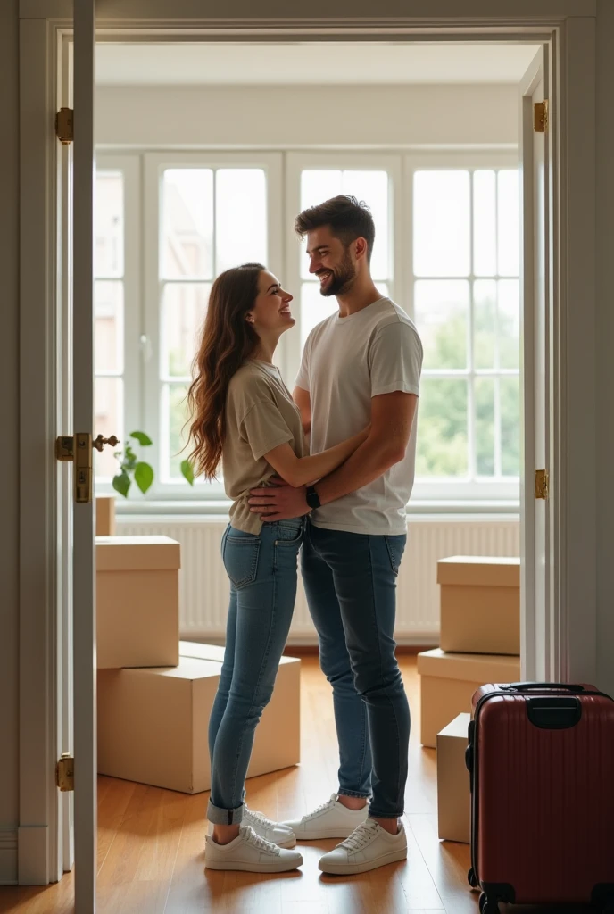 (photorealism:1.2), Modern young woman in jeans with her boyfriend happy to move into their apartment