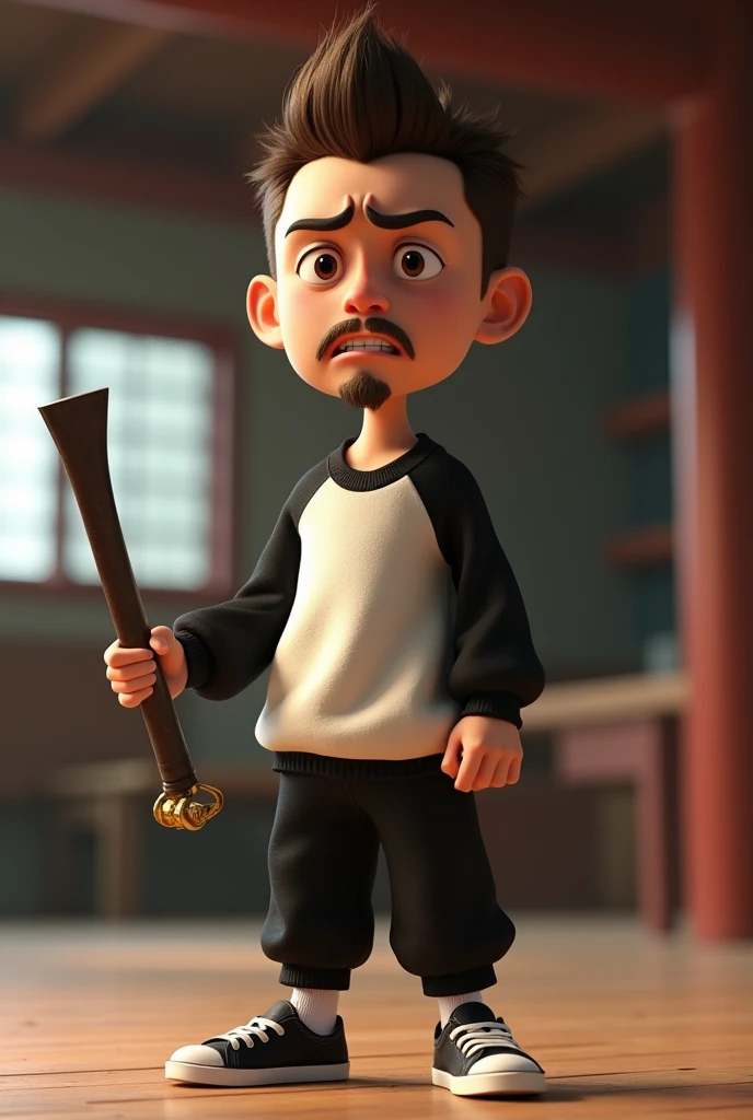 3D pixar style, a 2 young man, white, thin face, thick lips, small brown eyes. White skin, brown wavy hair. Thin goatee In a black and white sweatshirt, black sneakers, with a gold ring on his left finger holding a chaco. In a nunchako room style environment. he have a angry expression