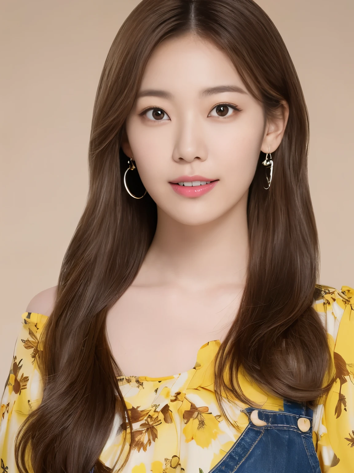 (highest quality、16K high resolution, Super detailed, masterpiece, Live shooting, realistic:1.5, hyper realism:1.5, sharp focus, very delicate and beautiful, small details, bust shot), 3 Japanese woman, 160cm tall, 50kg, bust 84cm, waist 59cm, hips 86cm, heart-shaped face with a pointed chin, shoulder-length layered brown hair styled with soft waves, groomed eyebrows, large expressive brown eyes, a straight nose, full smiling lips, wearing a yellow floral blouse, blue jeans, silver hoop earrings, a few faint freckles adding youthfulness, an overall warm and approachable demeanor, {{{{resembling actress Aya Omasa}}}}, random body orientation,