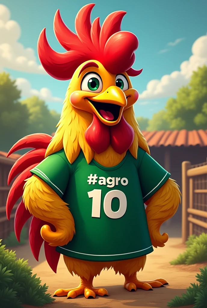 A sports mascot of a rooster wearing a green shirt that says "#AGRO 10" with corral background
