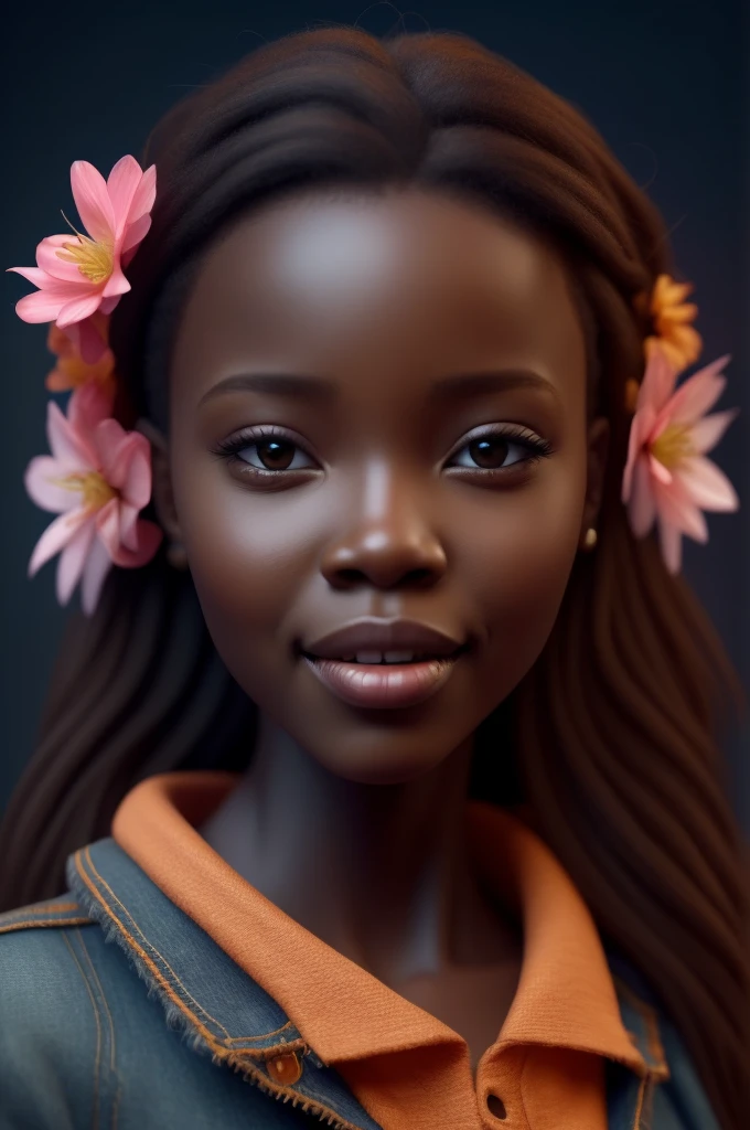 Retrato realista estilo 3d da africana africana de 9 meses de idade ((dark brown skin color)) at city street, happy photo pose, ((Playtoon)), smile cute, ((with flowers)), wearing T-shirt (((no printing))), orange and jeans, current fashion shoes, mega long hair curly hair, ((kanekalon)), (cinematic contour lighting), close-up, product view, Detailed facial details, face perfect, sharpening, Trend art, sharp facial details, cgsociety, High-quality digital art, exquisite hyperdetail, 4K, 3d, 8k, chibi style, soft-lighting, dreamy fashion,(( arms up ))