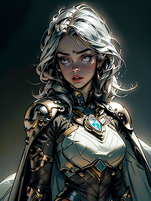 extremely beautiful young lady, subtle makeup, golden hour, photorealistic, high contrast, 8k HD, detailed, hyper-detailed, realistic skin texture, long dark hair, big breast, best quality, ultra high res, raw photo, dramatic lighting, unreal engine, diffuse glow  intricate silver eaba, white imperial cape, spear, sword, no helm