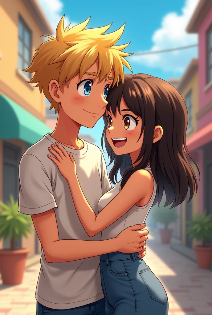 Can you make me a couple, a tall, loving, blond boy with blue eyes and a short, angry, light brown-skinned girl with brown eyes? , in anime happy 