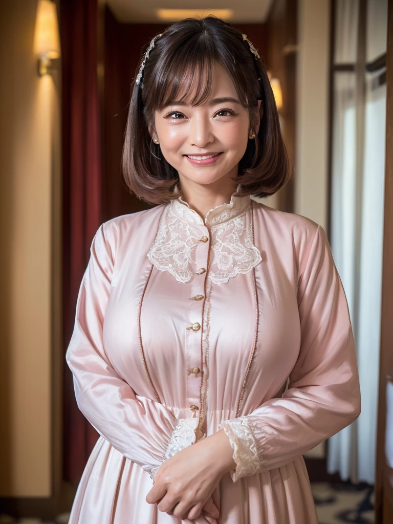 (Highest quality:1.5)、(masterpiece:1.5)、(8k:1.5)、(Big Breasts:1.35)、(Mourning clothes:1.5)、(Blushing:1.5)、(Feeling embarrassed:1.5)、(smile:1.5)、(The background is the hotel:1.7)、whole body、Hotel Bed、(50 years old:1.7)、(Wrinkles around the mouth:1.3)、(Wrinkles around the eyes:1.3)