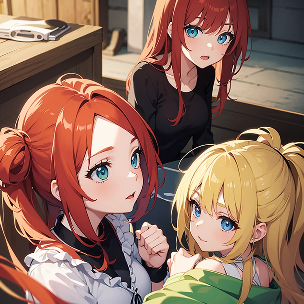 3 anime girls, one girl has red hair and blue eyes, another girl has blonde hair and light green eyes, the last girl has black hair and light brown eyes