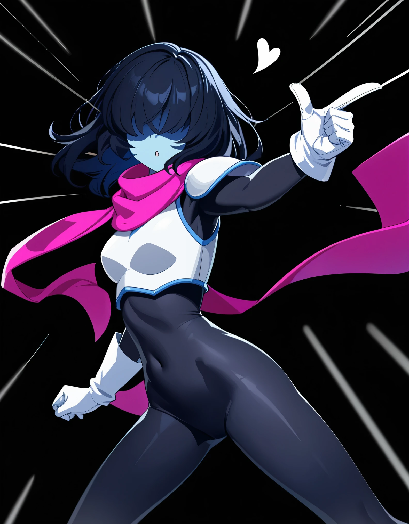 (from side, outstretched arm, finger gun, hearts popping from finger, white gloves, confident pose, legs apart, darkkris, 1girl, solo), blue skin, slim waist, black bodysuit, (breasts:0.1, white breastplate, shoulder armor), pink scarf:0.5, (medium hair, long hair:0.3, black hair, shaded face, hair over eyes, no eyes), (black background)