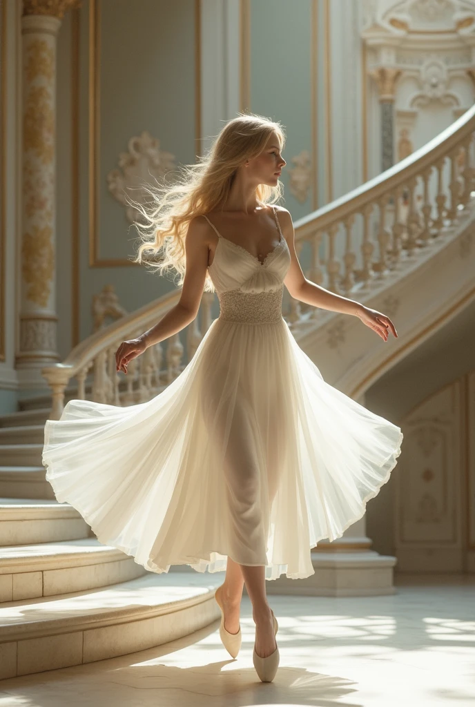 beautiful skinny girl in white dress dancing near stairs