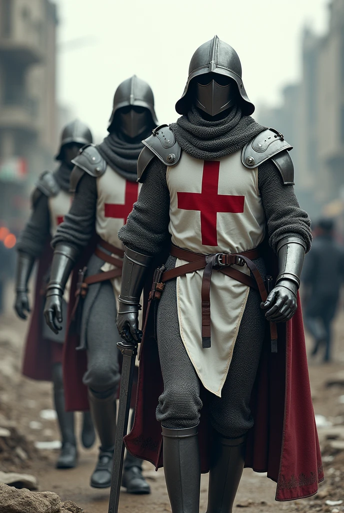 modern soldiers blending with templar armor , gray steel chainmail uniform , modern hood modern white vest with a red templar cross,modern military boots Modern Soldiers with Templar Equipment: Create an image of soldiers wearing modern uniforms, but with distinctive elements of the Templars, like red crosses on their clothes, combined with advanced technology.Conflict in War Zone: Use an image from a modern conflict zone, like a battlefield or a destroyed city, with Templars providing humanitarian aid or protecting civilians.