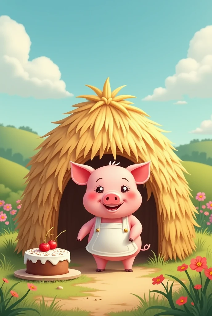 The jovial little pig builds a straw house and makes a quick cake 