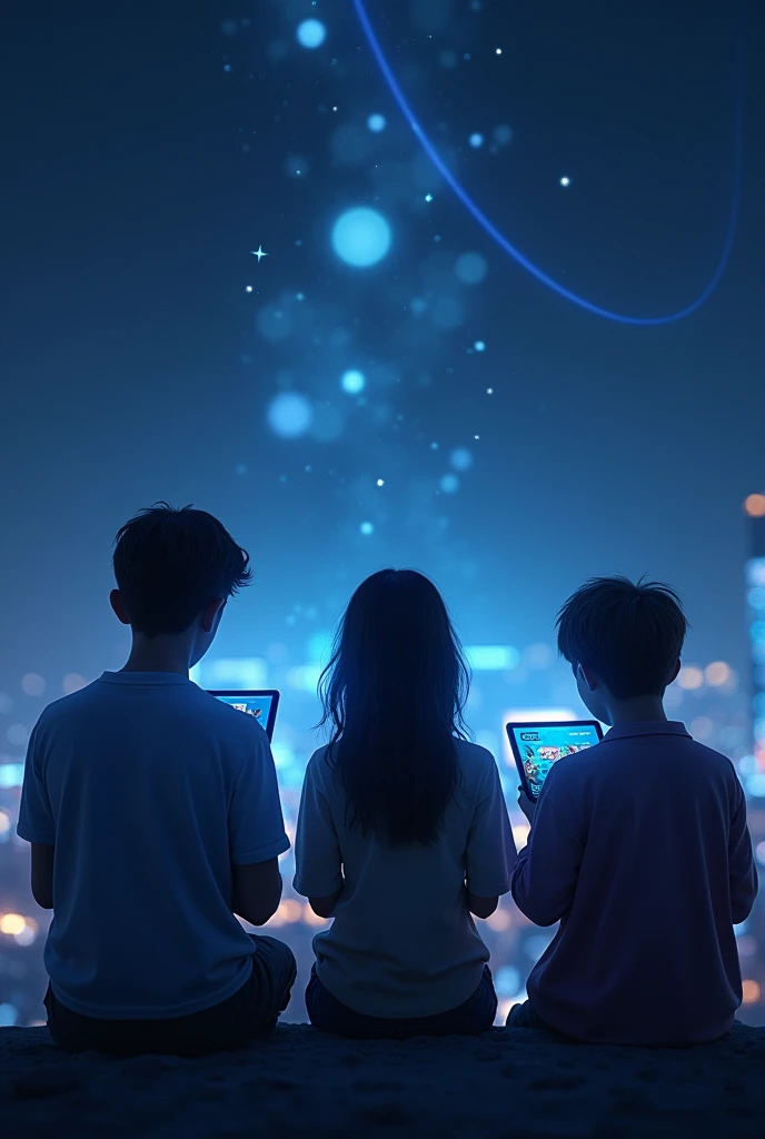 (photorealism:1.2), 3 teenager holding tablet. 1 is boy in the keft 2 girl in the middle and n the right is boy, they all sitting in a street, theyre back is the front in the picture, and make the sky looks like night, like dark from the top and then blue and sky blue, dont add the street background only the skies,and the only giving light is from their tablets and then from where the lights comming make it like the lights of their tablet is showing in the sky and in the lights it shows all of their apps they use i mean,like spotify, mobile legend, etc games, like its a futuristic devide when the appss they use float, make the light go even higher like it reach the sky or top of the photo, no i mean the light only fome from their tablets snd the light that come from tablets the light reach the sky, the light should spread right from where they came from
