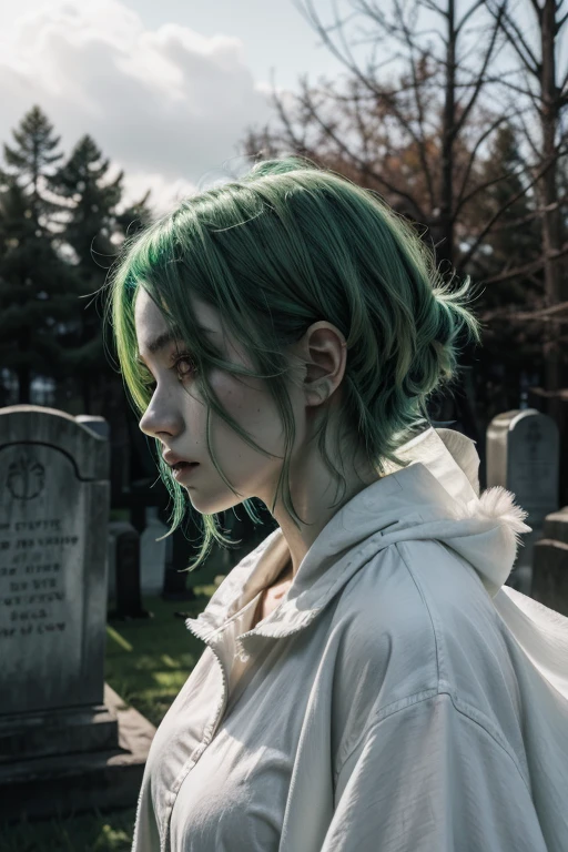 ghost woman with green hair with a scary face and oversized clothes, side view with cemetery background