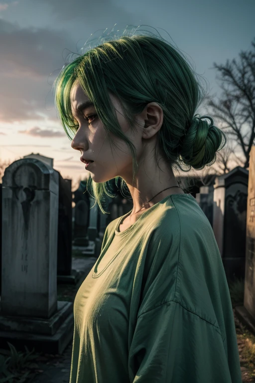 ghost woman with green hair with a scary face and oversized clothes, side view with cemetery background