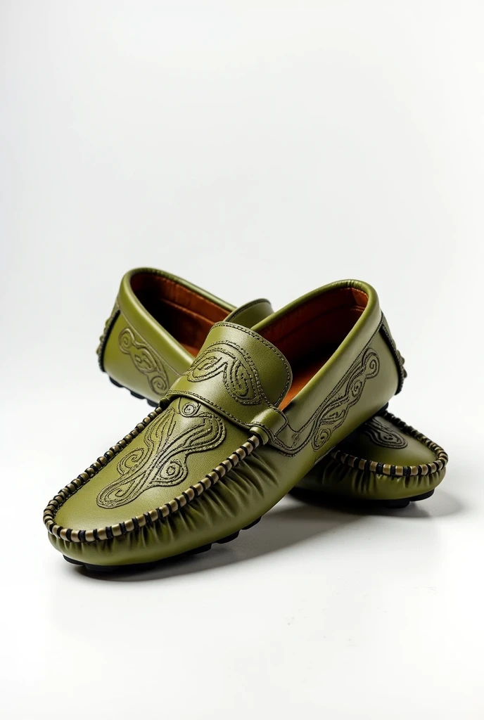 create a men's moccasin,olive green, with a beautiful and unique design on a white background (front and side product photo)
