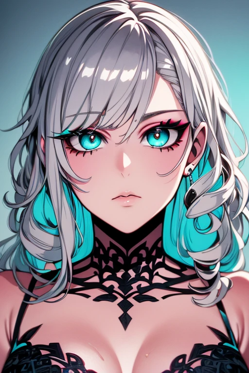 ((masterpiece)), ((ultra-detailed)), ((best quality)), ((intricate details)), ((chromatic aberration)), 1girl, (ringlets), makeup, black eyeliner, eyelashes, looking at viewer, blown hair, turquoise eyes, (two-tone hair:1.2), (expressionless:1.2), white silver curly hair 