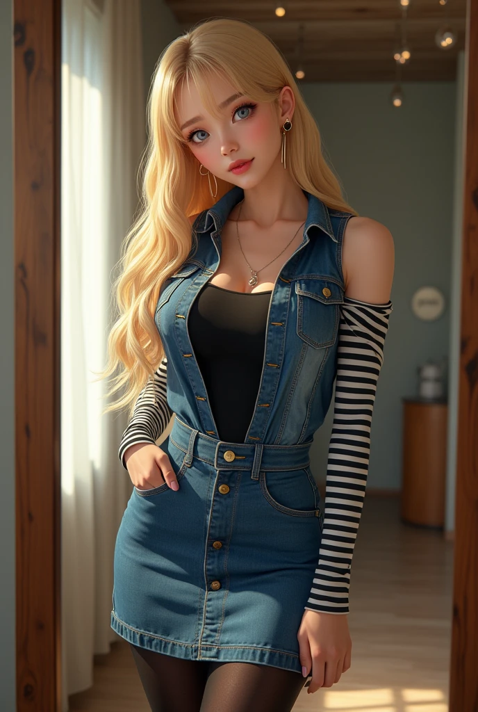 Photo realistic. Mirror selfie of beautiful blonde woman with a perfect resemblance to Android 18, alone, blonde hair, blue eyes, short hair, earrings, jewelry, denim dress, open vest, black pantyhose, Black shirt, Denim skirt, striped long sleeves, blue skirt, large breasts, Korean facial features, natural lighting, flirtatious expression 