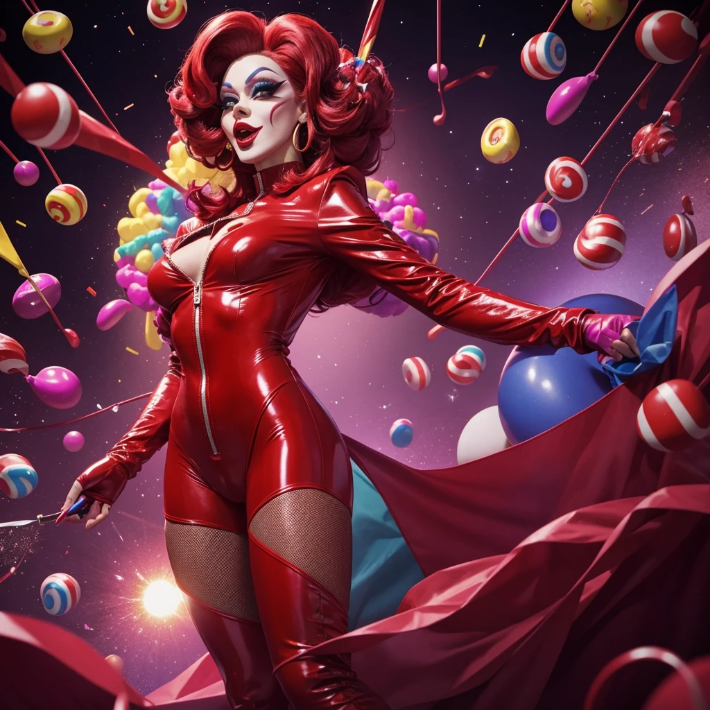 make the characters standing please she’s a Drag queen named cookie clown with a Very red noise in a bodysuit made out of hard candys like peppermints etc