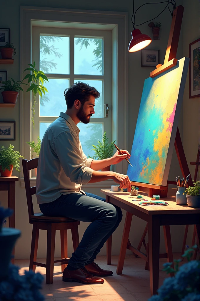 Martin painting in his studio:** Imagine Martin sitting in front of a canvas in his small studio, concentrated and applying meticulous brushstrokes in his work. You can visualize the vibrant colors and calm atmosphere of your workspace