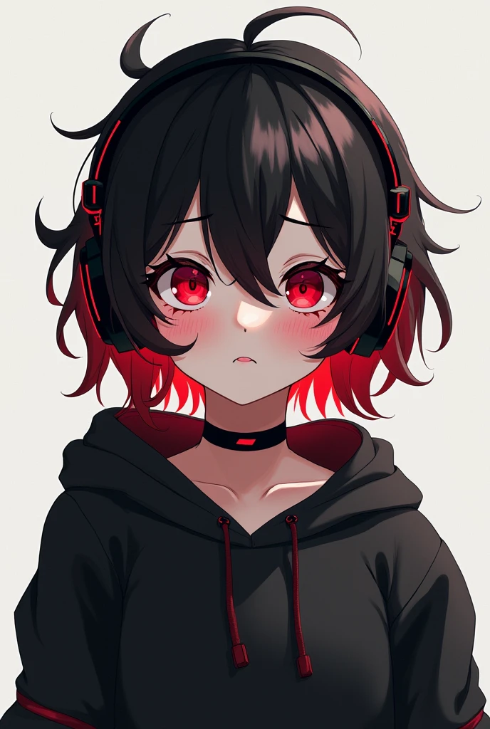 Light skin anime girl, crimson red eyes, messy black and red hair, concerned, wearing black and red gaming headsets and a black sweatshirt