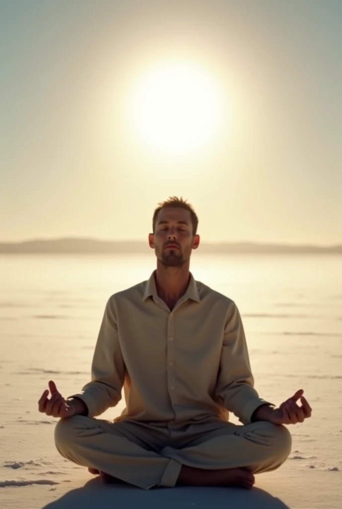 Man looking at the sun, meditating on the uyuni salt flat