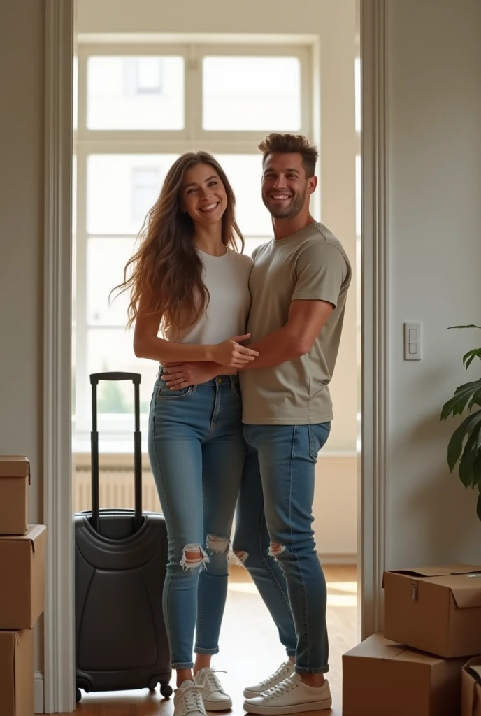 (photorealism:1.2), Modern young woman in jeans with her boyfriend happy to move into their apartment
