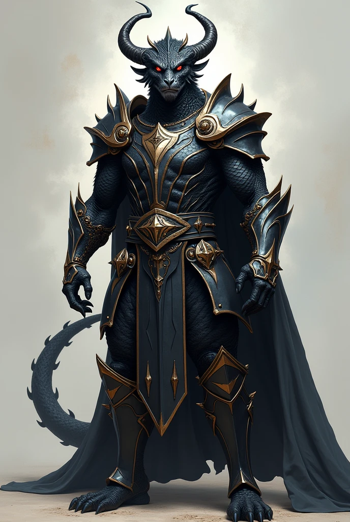Black dragonborn, male, horns, solo portrait, tail, buff, paladin clothes, (masterpiece), art by greg rutkowski