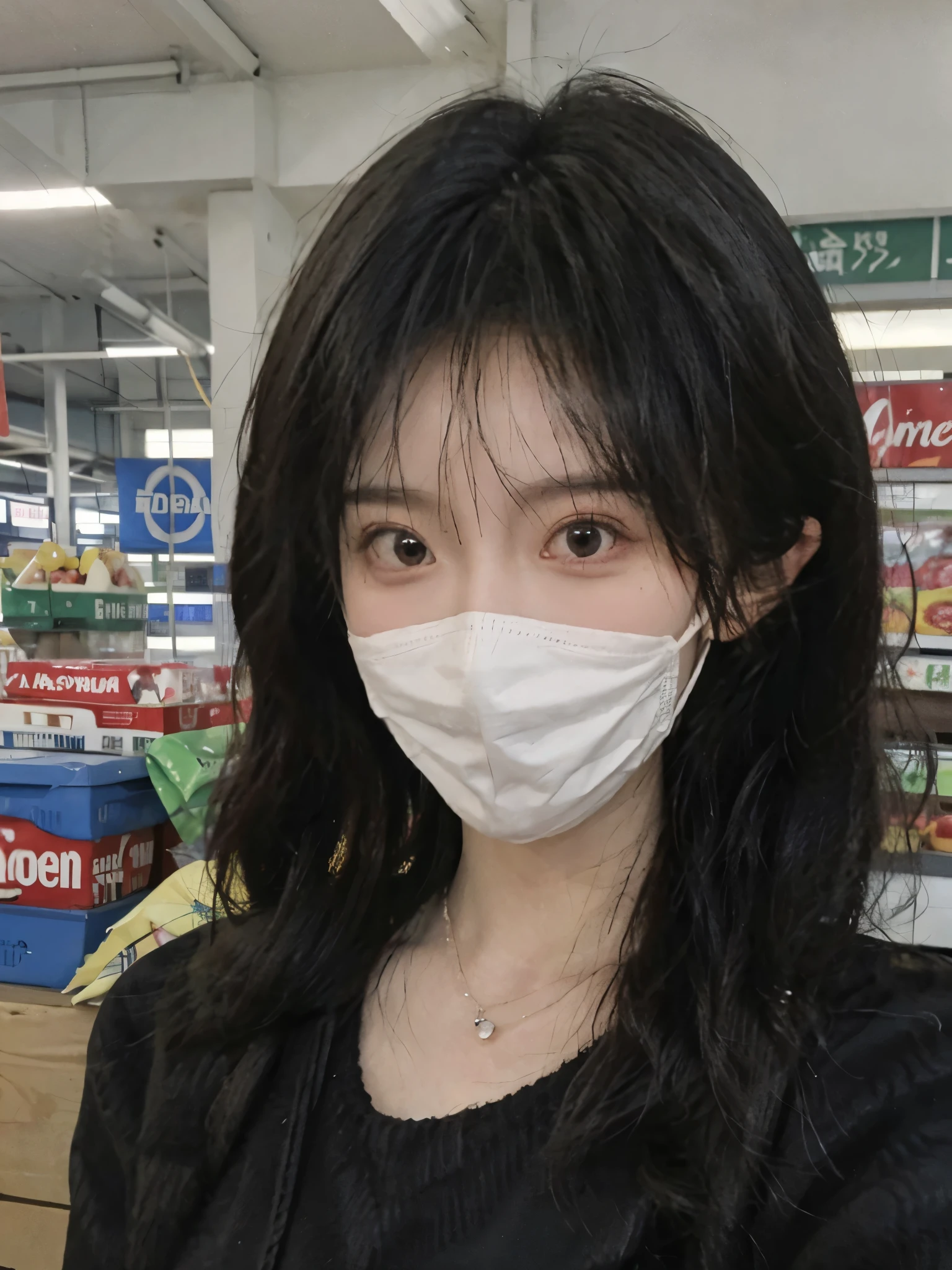 wear mask,Best quality,wear mask,Ultra-high resolution,(Realism:1.4),wear mask,Cute hairpins,girll,Cropped black sweater,wear mask,Look directly at the audience,Full of atmosphere,Beautiful woman with a slim figure:1.4,supermarket,whole body,Super delicate face,Exquisite eyes,Double eyelids,necklace