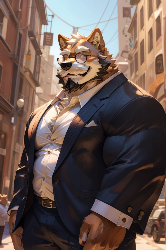 1boy, 1man, solo, a (furry Shiba Inu) standing, (face, detailed face, bearded, white beard, thick mustache, glasses), city , front view, massive muscular , sixpack, (suits), well-muscled old man. ((thick arms, huge pec, huge arms)), wide smiling. Add textures and details to make the image more realistic, such as the appearance of the. Make sure the resulting image is high resolution, 8K quality