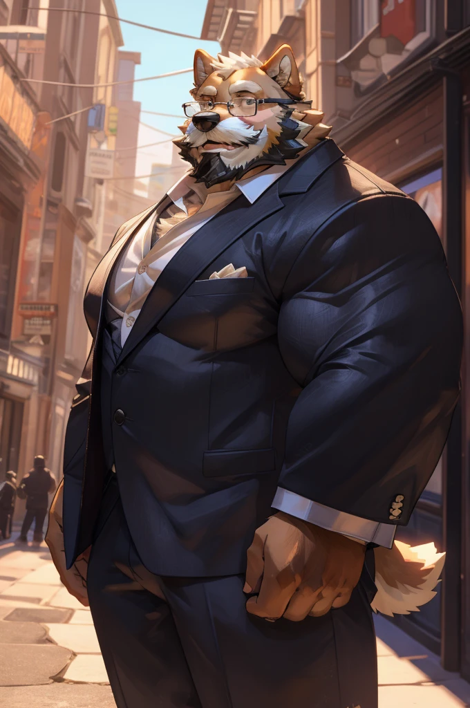 1boy, 1man, solo, a (furry Shiba Inu) standing, (face, detailed face, bearded, white beard, thick mustache, glasses), city , front view, massive muscular , sixpack, (suits), well-muscled old man. ((thick arms, huge pec, huge arms)), wide smiling. Add textures and details to make the image more realistic, such as the appearance of the. Make sure the resulting image is high resolution, 8K quality