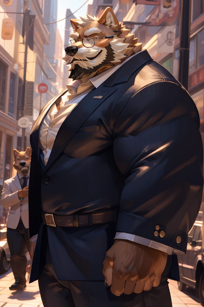 1boy, 1man, solo, a (furry Shiba Inu) standing, (face, detailed face, bearded, white beard, thick mustache, glasses), city , front view, massive muscular , sixpack, (suits), well-muscled old man. ((thick arms, huge pec, huge arms)), wide smiling. Add textures and details to make the image more realistic, such as the appearance of the. Make sure the resulting image is high resolution, 8K quality