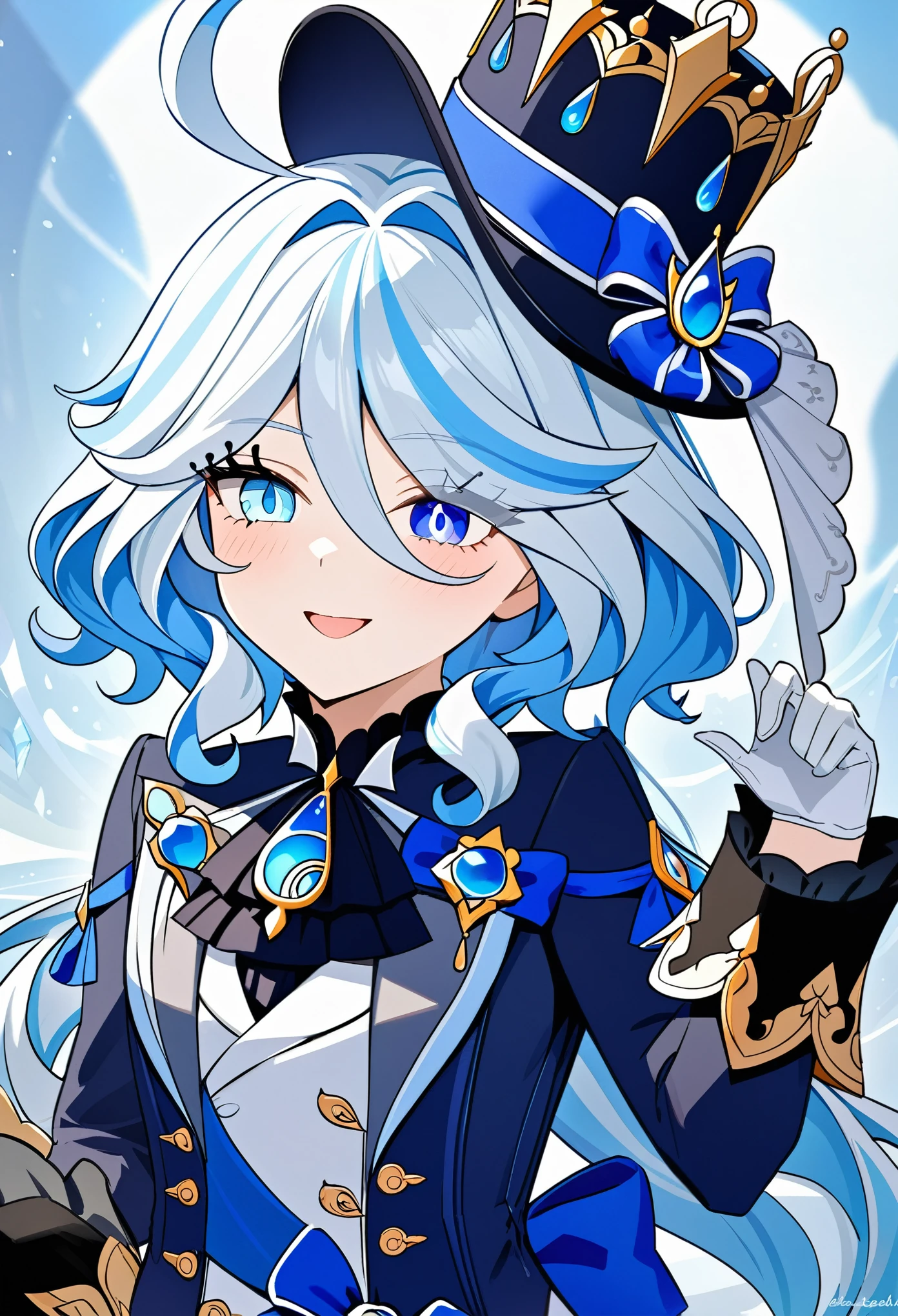 Furina from Genshin Impact is a beautiful empress, Crystal clear skin, beautiful appearance, deep wisdom in his eyes, Like I've seen through everything in the world, dressed in a beautiful swimsuit, holding a long sword, with white and blue hair waving in the wind, The dark blue swimsuit perfectly outlines the elegant figure, the behavior is gentle and idyllic,