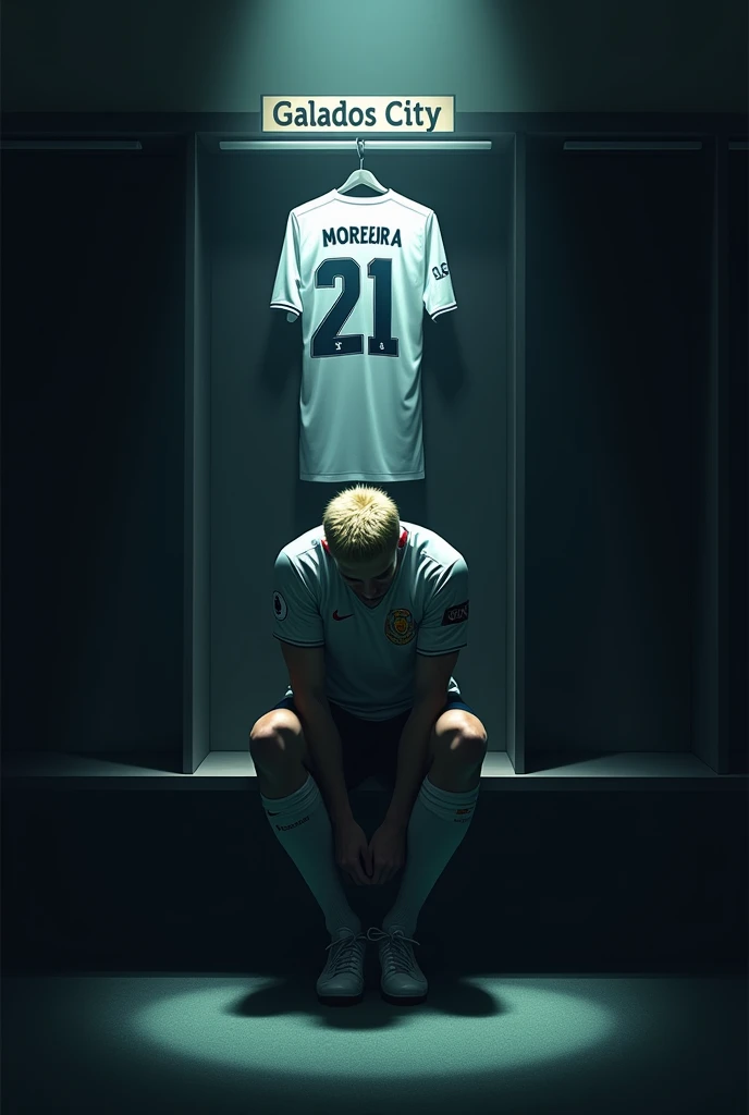 Make an image of ONE player tying his boots alone, with lights completely obscuring his face and him with short, light blonde hair, the locker room is dark and the spotlights are shining on him and the Galados City team, uniform in white and purple colors and I want you to put a shirt behind and on top of it with the number 21 and the name MOREIRA. Make your surroundings completely dark. LET HIM keep his head completely down and focused, and I just want 1 shirt behind him. put the team name “Galados City” on a sign above the shirt and below the spotlight. let him sit on a bench. put on just 1 shirt and that shirt will be above it, on a coat rack and below the sign “Galados City”. the shirt above him in purple and white. put the player on his back and looking at his shirt fully focused