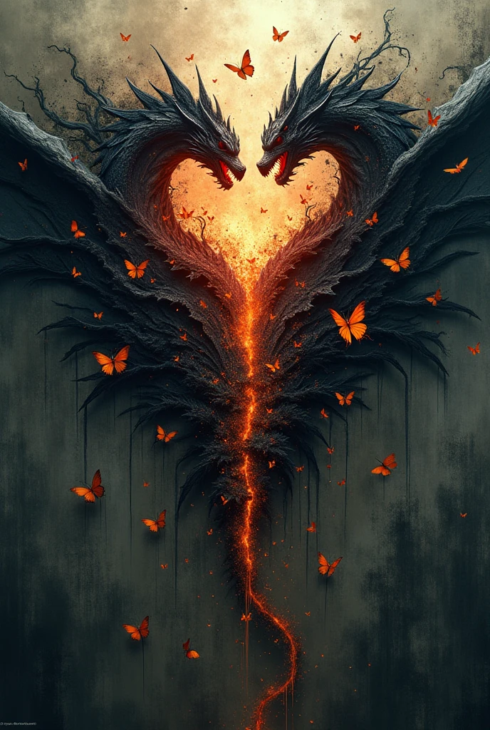 make a book cover that represents chaos and love, where there are daggers, butterflies, black dragons and scars but no people on the cover to improve it