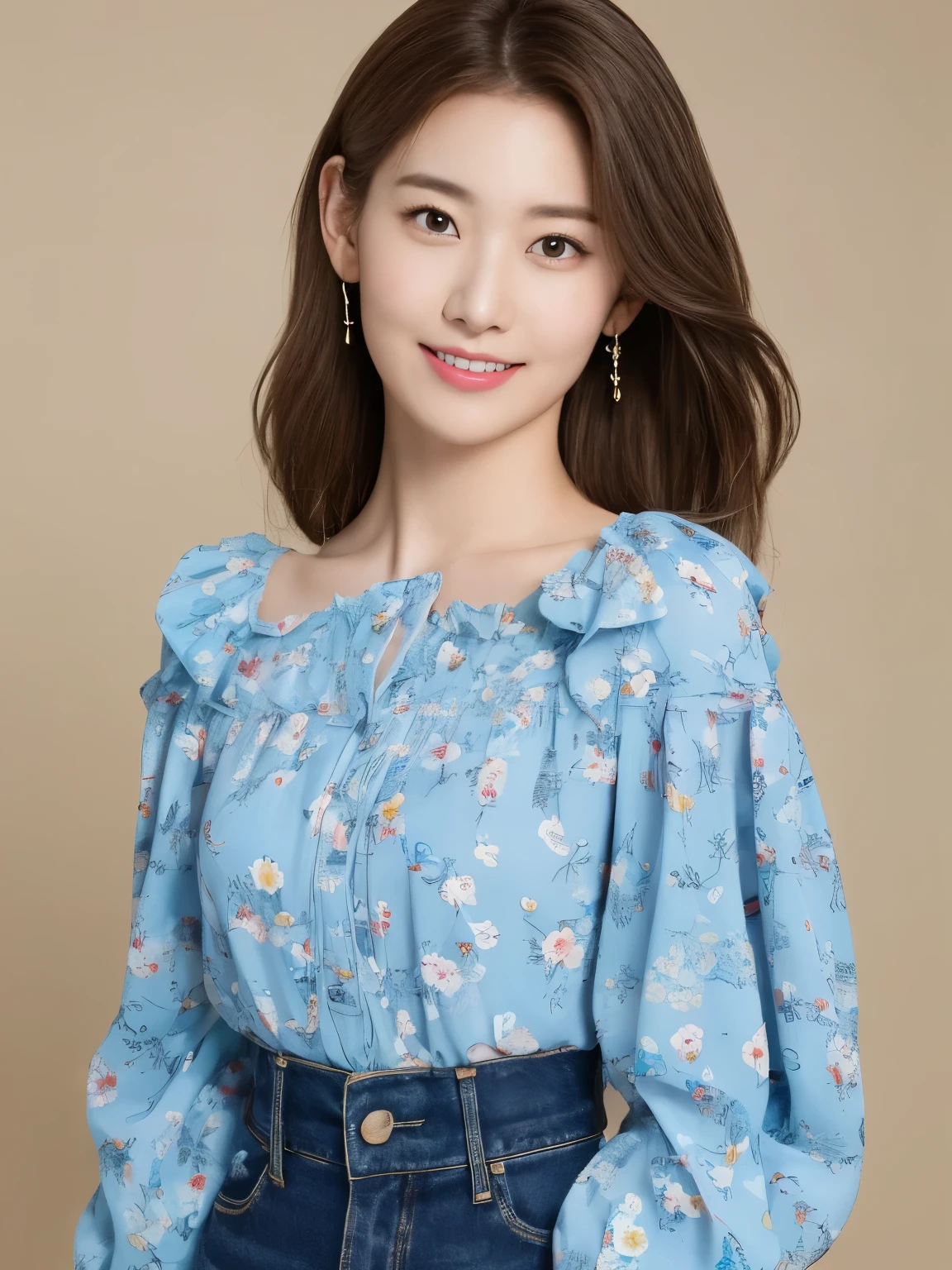 (highest quality、16K high resolution、Super detailed、masterpiece、Live shooting、realistic:1.5、hyper realism:1.5、sharp focus、very delicate and beautiful、small details, bust shot), 3 Japanese woman, 1 girl, 160cm tall, 50kg, bust 84cm, waist 59cm, hips 86cm, heart-shaped face with a pointed chin, shoulder-length layered brown hair styled with soft waves, groomed eyebrows, large expressive brown eyes, a straight nose, full smiling lips, wearing a yellow floral blouse, blue jeans, silver hoop earrings, a few faint freckles adding youthfulness, an overall warm and approachable demeanor, {{{{resembling actress Aya Omasa}}}}, random body orientation,
