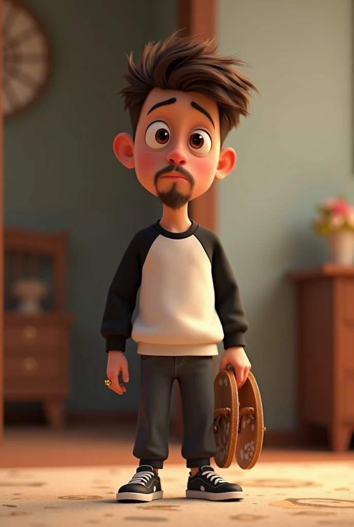 3D pixar style, a 2 young man, white, thin face, thick lips, small brown eyes. White skin, brown wavy hair. Thin goatee In a black and white sweatshirt, black sneakers, with a gold ring on his left finger holding a chaco. In a nunchako room style environment. he have a bad expression