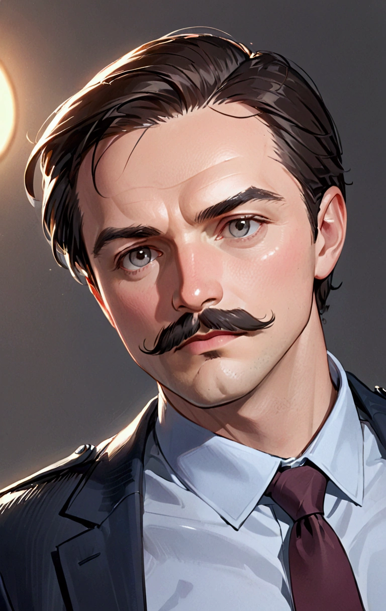 a sketch of a man with a mustache and a tie, police sketch, sketch of a caucasian face, round portruding chin, round chin, wide chin, face shown, man face, detailed face with moustache, round narrow chin, dwight, with round face, pale round face, realistically proportioned face, headshot profile picture, slightly round chin