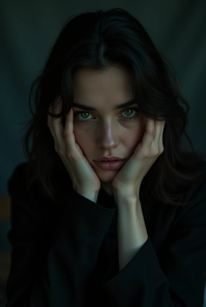 there is a woman holding her head in her hands, soft portrait in low light, dramatic cinematic portrait, cinematic portrait, atmospheric portrait, medium soft light portrait, portrait of a sinister girl, red and cinematic lighting, soft light portrait, emotional portrait, chiaroscuro portrait, 8k portrait, 35mm dramatic lighting, 50mm portrait