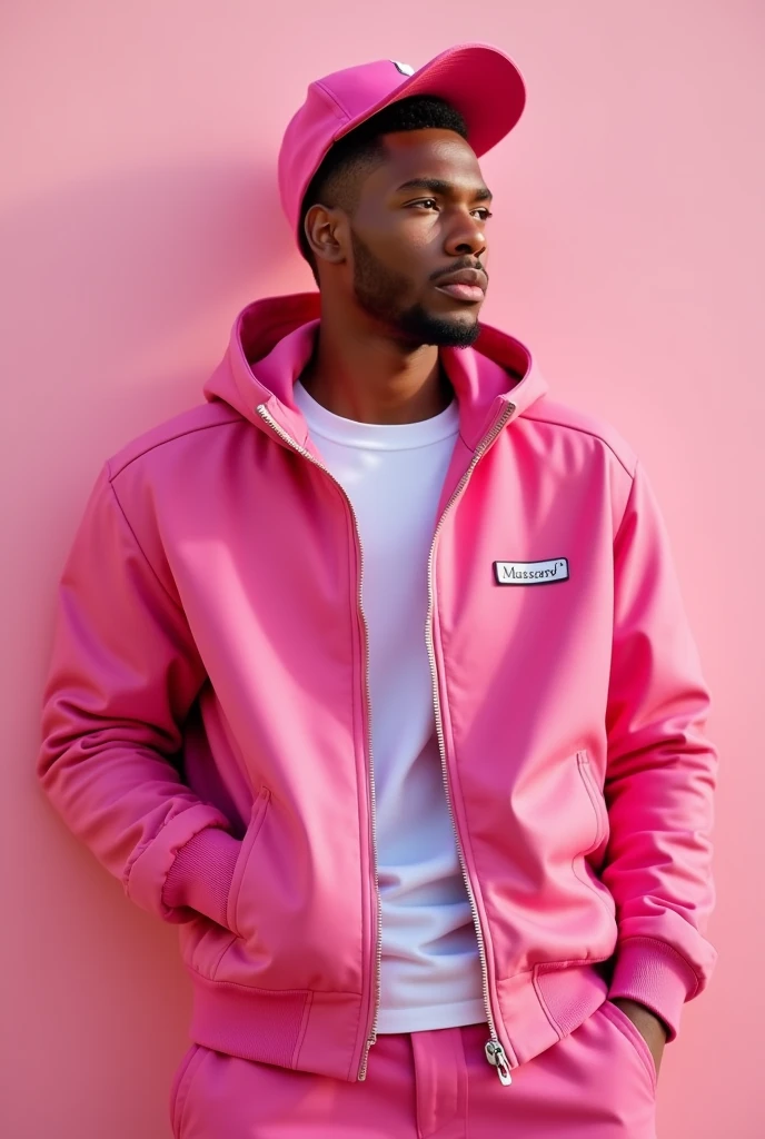 He is wearing a pink cap, is wearing a pink jacket.