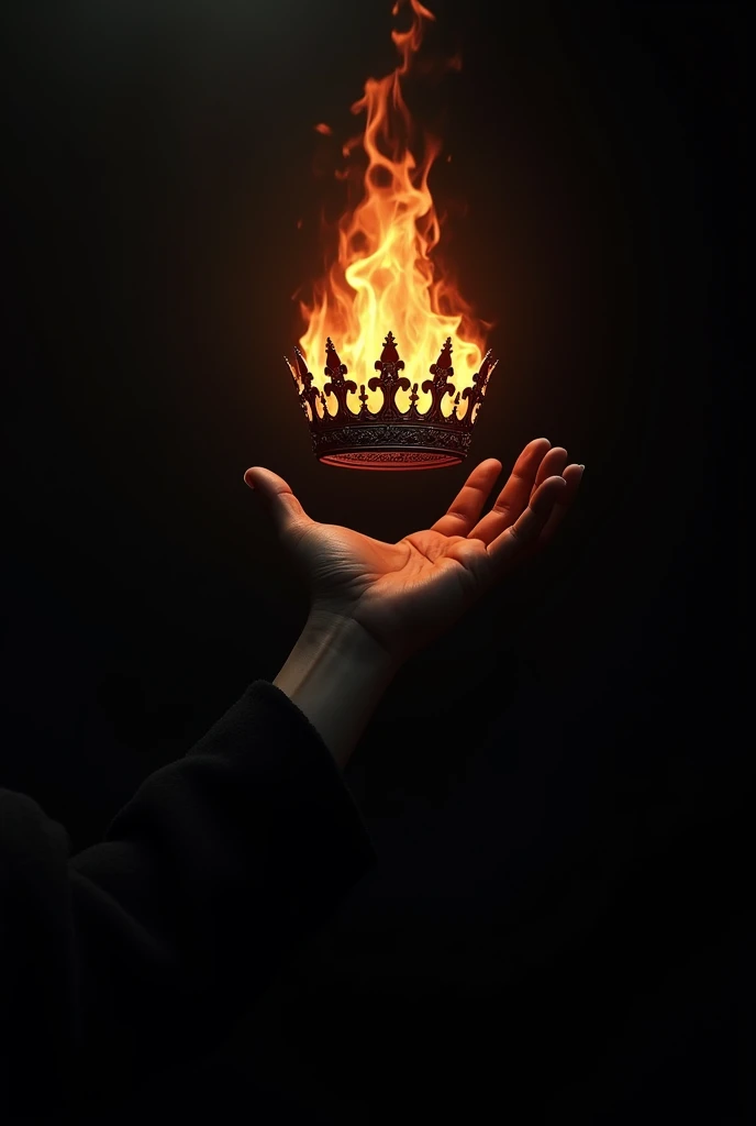 Black background and a hand coming out giving a queen&#39;s crown with a flame of fire, that the hand is not so high and that it leaves black space above 